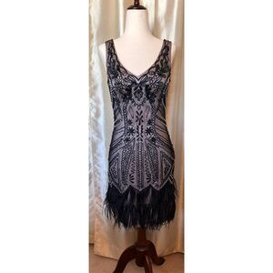 Sue Wong V Neck Sleeveless Black & Pink Vintage Sequined & Ostrich Feather Dress